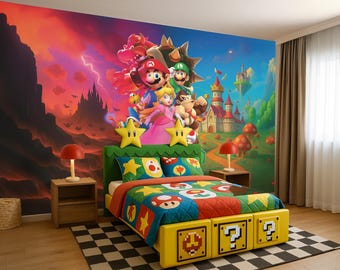 May include: A themed bedroom featuring a colorful mural of Mario and friends. The bed has a yellow frame with question mark blocks, a green headboard with star accents, and a quilt with game-themed designs. Two red lamps sit on wooden nightstands.