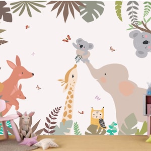 Safari Wall Decal Zoo Animal Wall Sticker Forest Animal Wall Mural Jungle Animal Elephant Kangaroo Giraffe Nursery Wall Decor Kid Room Decor