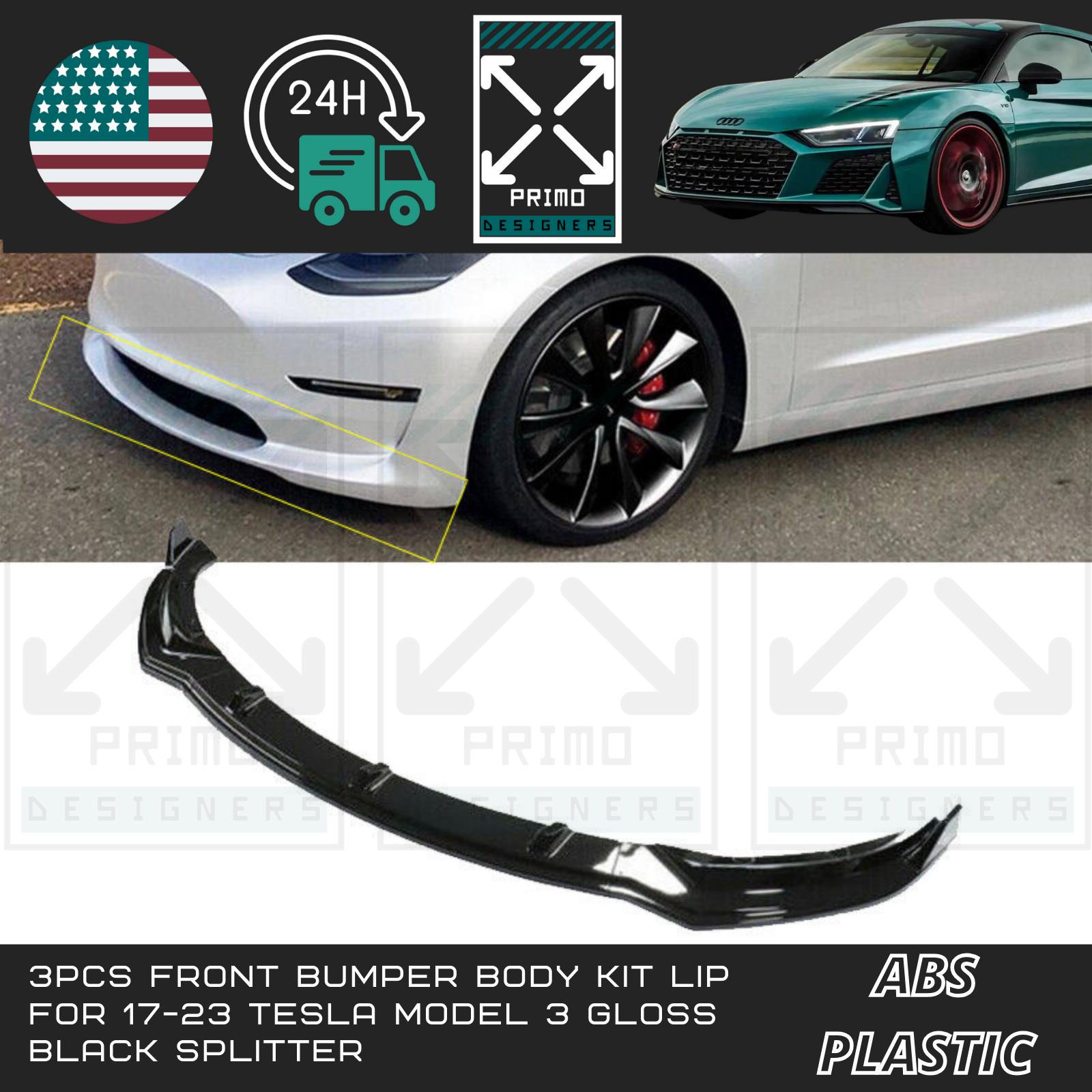 Gloss Black Front Bumper Lip Splitter Kit (3-Piece) For Tesla Model 3 2018-2020 – Aggressive Racing Look