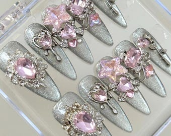 Galaxy Pink Diamond Press On Nails Silver Glitter Stiletto Nails 3D Rhinestone Luxury Handmade Fake Nails