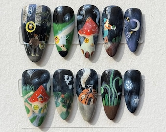 Mushroom Press On Nails, Cottagecore Nails, Whimsical Forest Nails, Fairy Tale Nails, Fantasy Press On Nails, Storybook Nail Art