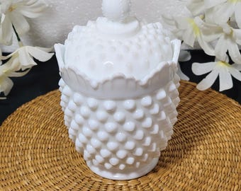 Rare Vintage Fenton Ruffled Hobnail Milk Glass Sugar Bowl with Lid