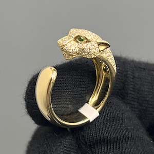 Gold Panther Ring with Green Eyes – Diamond Pave Animal Statement Ring – Luxury Wild Cat Jewelry for Women