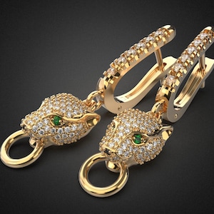 Luxury 14K Gold Panther Head Earrings with Green Gem Eyes & Pave CZ – Statement Animal Jewelry