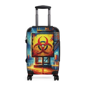 Artistic Suitcase with Biohazard Design, Stylish Travel Luggage, Unique Carry-On, Vibrant Travel Gear, Perfect for Adventurers, Ideal for