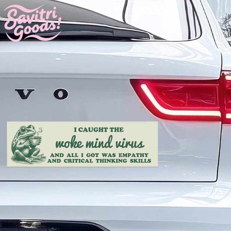 Funny Woke Mind Virus|Car/Bumper Sticker AND Magnet|Retro Empathy Frog|Liberal Leftist Social Justice & Critical Skills|10"x3" Handmade Gift image 4