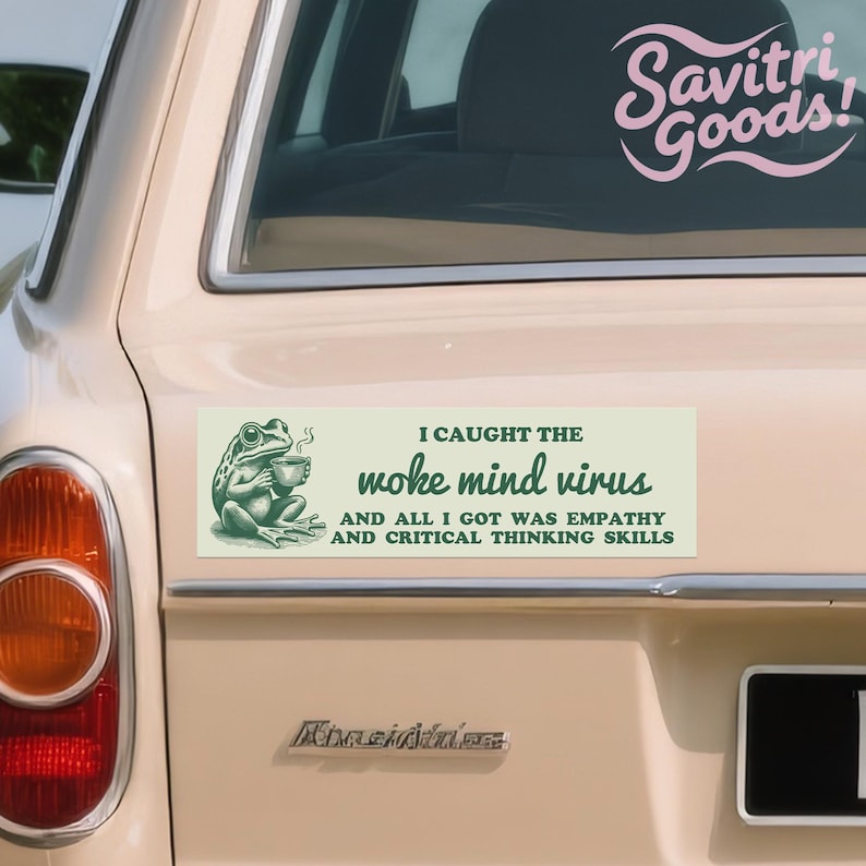 Funny Woke Mind Virus|Car/Bumper Sticker AND Magnet|Retro Empathy Frog|Liberal Leftist Social Justice & Critical Skills|10"x3" Handmade Gift image 7