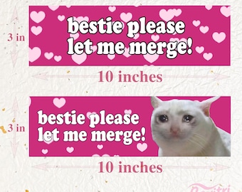 May include: Two pink rectangular stickers, each 10 inches long and 3 inches high, with the text "bestie please let me merge!" in white. One sticker has a white cat meme.