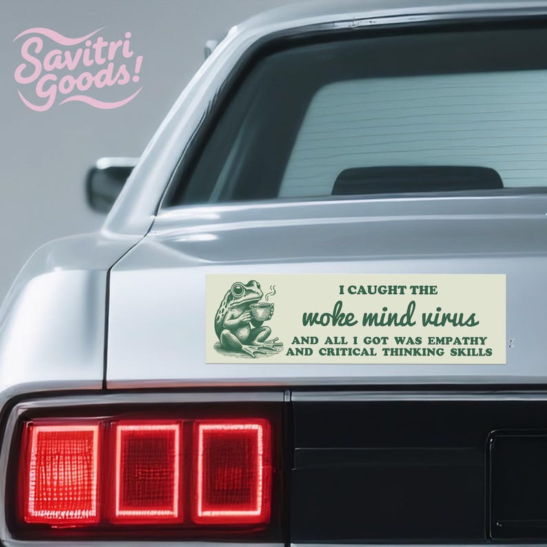 Funny Woke Mind Virus|Car/Bumper Sticker AND Magnet|Retro Empathy Frog|Liberal Leftist Social Justice & Critical Skills|10"x3" Handmade Gift image 3