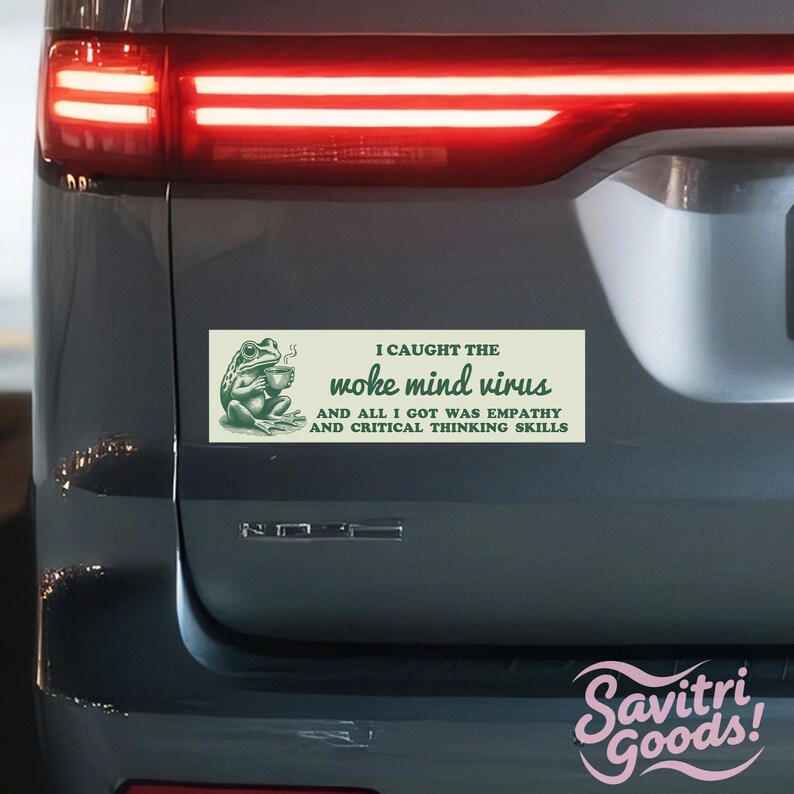 Funny Woke Mind Virus|Car/Bumper Sticker AND Magnet|Retro Empathy Frog|Liberal Leftist Social Justice & Critical Skills|10"x3" Handmade Gift image 8