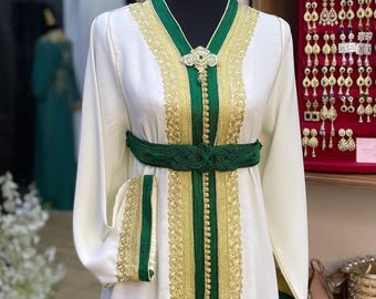Authentic Moroccan Caftan with Green sfifa & Gold Embroidery - Wedding Dress