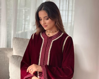 Burgundy Velvet Moroccan Caftan - Handcrafted Luxury Dress | Traditional Kaftan | Elegant Abaya | Long Sleeve