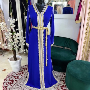 Royal Blue Moroccan Kaftan: Gold Embroidered Takchita Dress