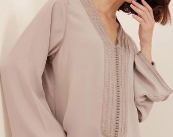Moroccan Caftan with Traditional Sfifa - Elegant Taupe Crepe Fabric - Handcrafted Moroccan Dress - Wedding