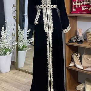 Luxurious Moroccan Black Velvet Caftan with Gold Embroidery | Handcrafted Traditional Zwak Lam3elem | Special Occasion Dress