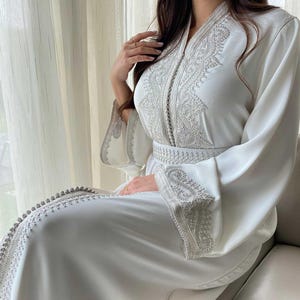 White Moroccan Bridal Caftan: Silk Crepe Wedding Dress with Embroidery