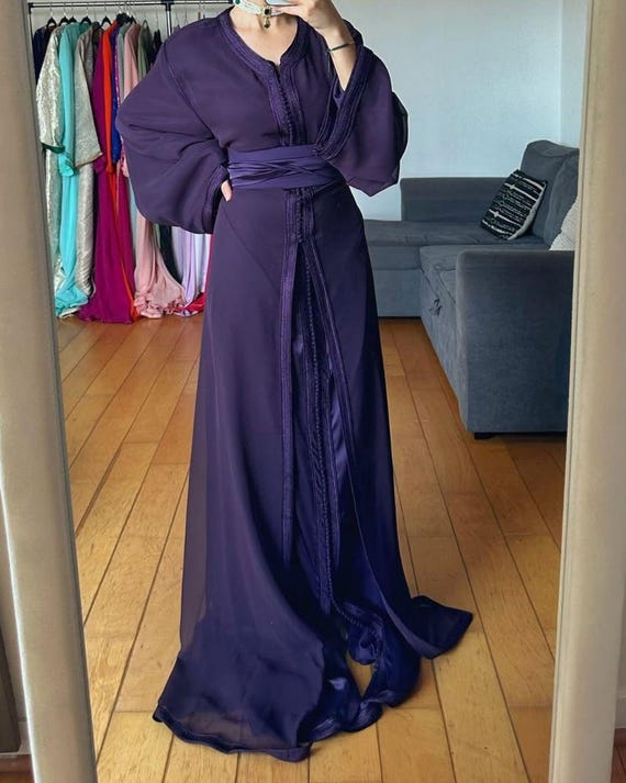 Aubergine Chiffon Moroccan Caftan: Custom Satin Sfifa Dress Aubergine Chiffon Moroccan Caftan: Custom Satin Sfifa Dress