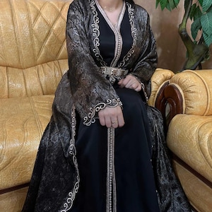 Handmade Moroccan Caftan: Black Bronze Snake Print Takchita with Embroidery