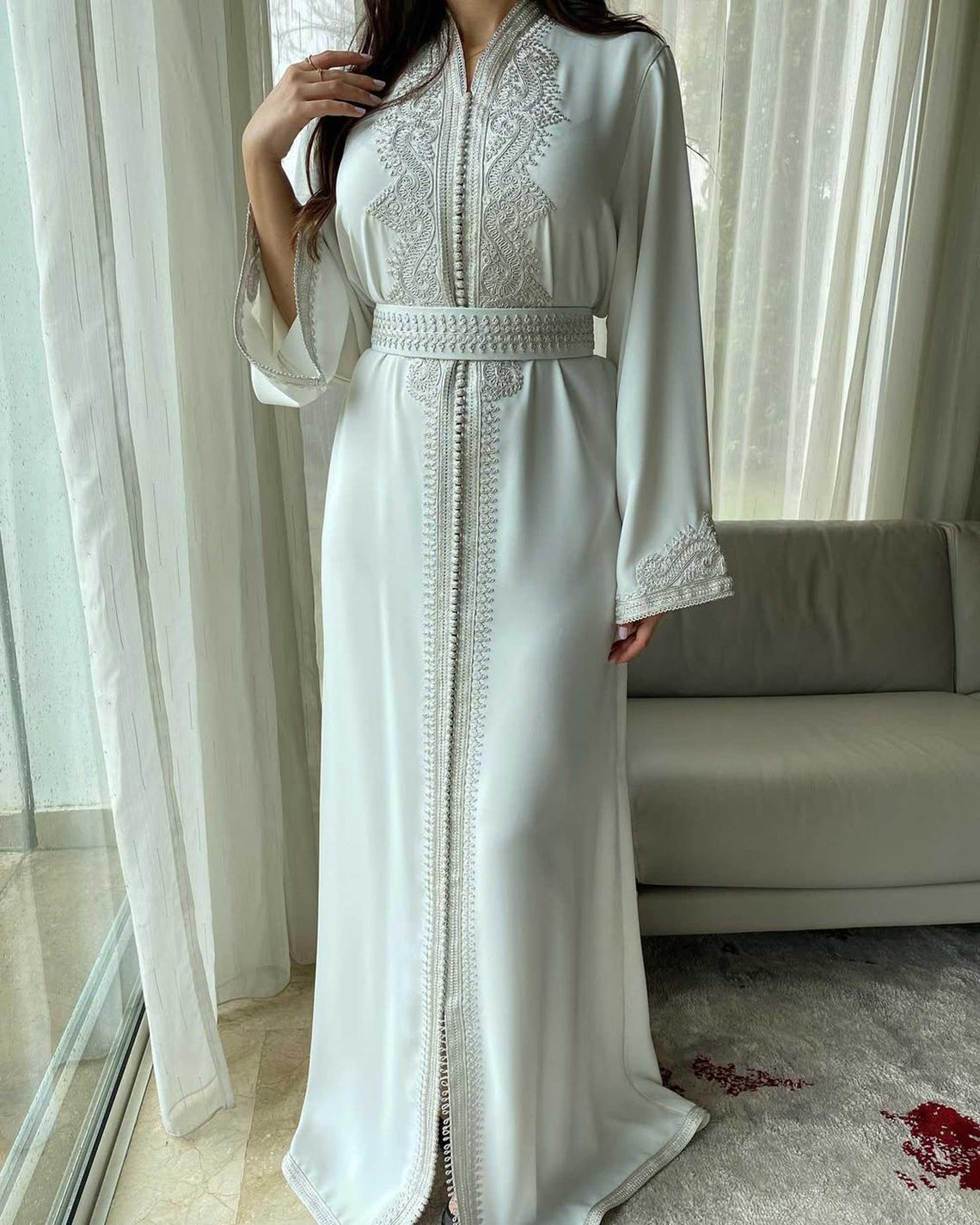 White Moroccan Bridal Caftan: Silk Crepe Wedding Dress With Embroidery ...