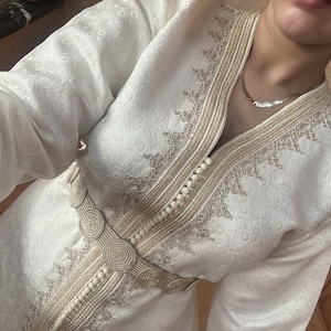 Moroccan White Brocade Caftan - Unique Handcrafted Piece with Cartier Gold Mdama Belt