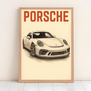 Vintage Porsche 911 Wall Art – Retro Car Poster – Classic Sports Car Illustration – Porsche Decor for Garage, Office or Man Cave