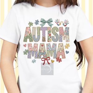 Patchwork Autism Mama PNG | Faux Embroidery Sublimation | Cottagecore Awareness Art | Floral Plaid Mama Shirt Design