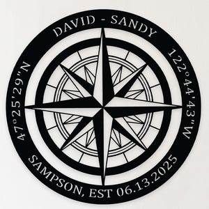 Compass Custom Metal Sign w/ GPS Coordinates Family Name and Date, Personalized Home Sign Gift, Nautical Compass Rose Wall Art,Outdoor Decor