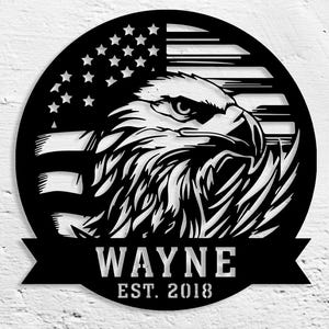 Custom Metal Eagle US Flag Wall Art, Patriotic Name Sign for 4th of July, Rustic Military Decor, Personalized Mancave Gift, Name Date Sign