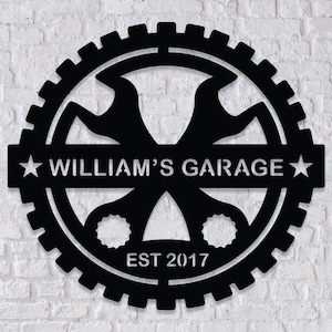 Personalized Hanging Garage Sign Metal, Fathers Day gift, Outdoor Large Wall Art, Automotive Decor, Car Guy Gifts, Mancave Name Sign Wallart