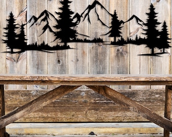 Mountain And Forest Metal Wall Art, Rustic Landscape Wall Decor, Large Farmhouse Wall Hanging, Fireplace Living Room Decor, Home Decor Gift