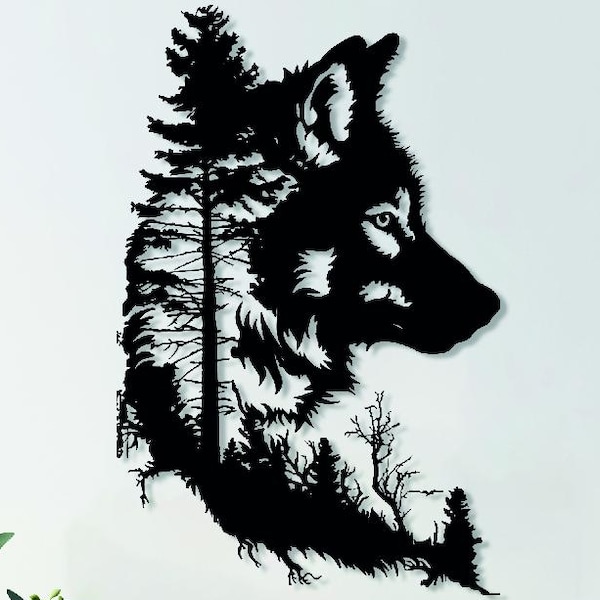 Decorazione da parete in metallo con testa di lupo, albero astratto, arredamento rustico per la casa, regalo in stile fattoria, arredamento in metallo per il soggiorno, regalo con decorazione a forma di lupo, arazzo da parete con animali selvatici