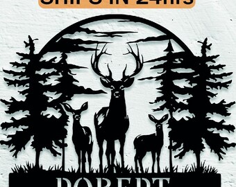 Personalized Deer Metal Cabin Sign, Last Name Deer Scene Monogram Decor, Outdoor Deer Name Metal Sign, Sign with Deer Hunter Gift, Fireplace