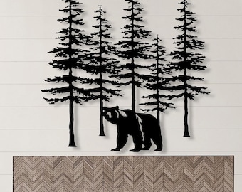 Wilderness Bear Tree Metal Wall Art, Wispy Pine Tree Decor, Cabin Hanging, Outdoor Tree Bear Decor, Rustic Home Gift,Interior Wildlife Decor