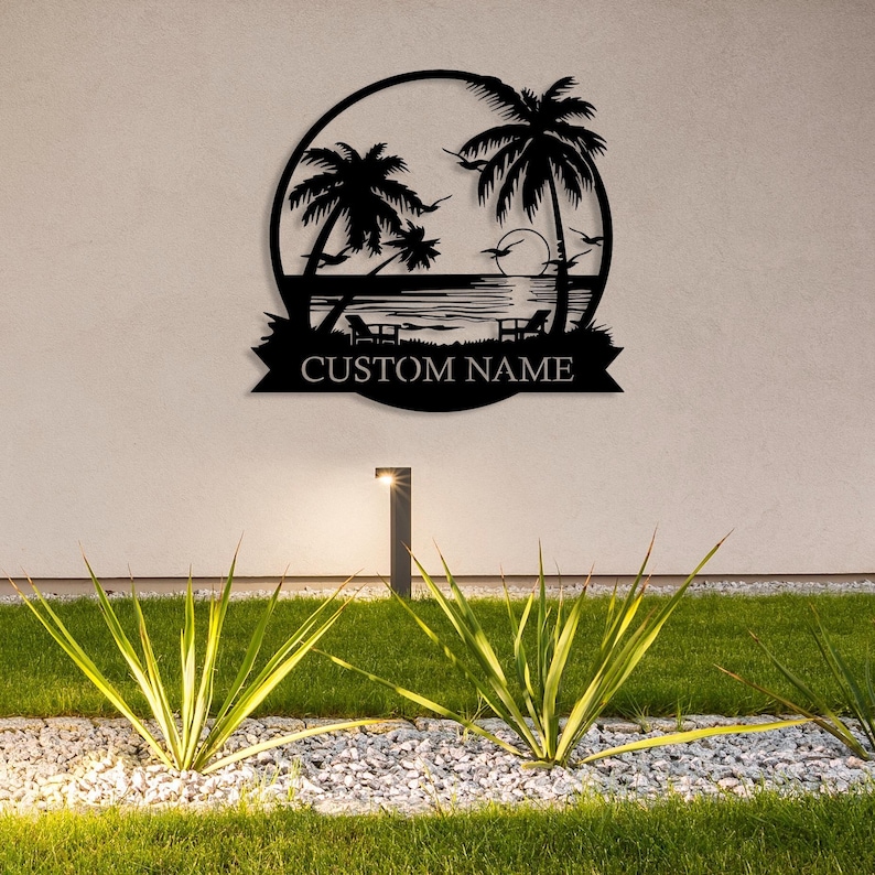 seaside sunset metal art for patio bar