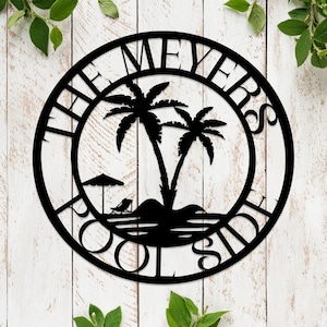 Personalized Palm Tree Poolside Metal Sign, Outdoor Patio Pool Decor, Outdoor Palm Trees Tropical Decor Gift, Cabana Deco, Summer Home Gift