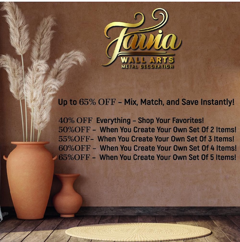 a wall with a large advertisement for wall art and decor products. There are two large terracotta pots with white pampas grasses in them, placed on a wooden floor. The wall art displays various discounts and offers, including up to 65% off, 40% off, and 65% off on different items.