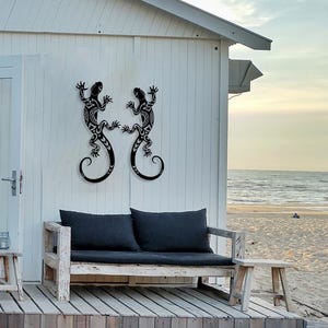 Gecko Metall Wandverzierung, Eidechse Metall Wandkunst, Outdoor Decor, Wüstenthemen Kunst, Terrasse Veranda Gartendekoration, Yard Art, Housewarming Geschenk
