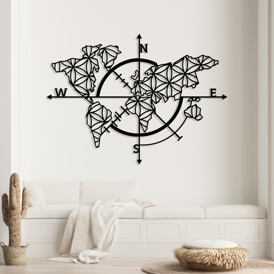Compass Metal World Map Wall Art, World Map Wall Hanging, Modern Office ...