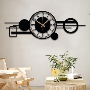 Abstract Metal Wall Clock, Housewarming Gift, Silent Geometric Wall Clocks, Long Horizontal Clock, Abstract Geometric Art, Gift For Home