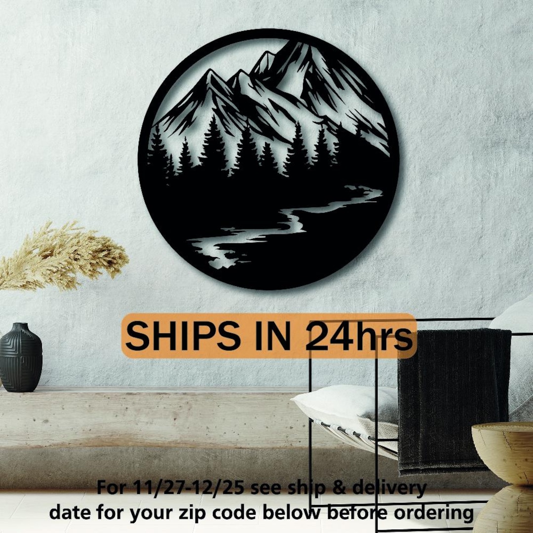 Round Mountain Scene Metal Wall Art, Rustic Forest Landscape for Cabin ...