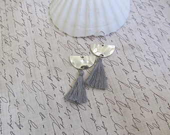 Grey Tassel earrings, Silver Half Circle earrings, BoHo earrings