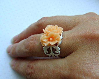 Melon Orange Cluster of Flowers White Filigree Adjustable ring