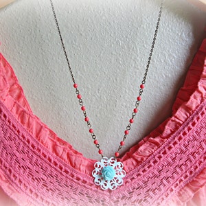 Coral and Aqua necklace, Aqua Rose necklace, Floral necklace image 5
