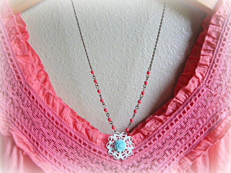 Coral and Aqua necklace, Aqua Rose necklace, Floral necklace image 5