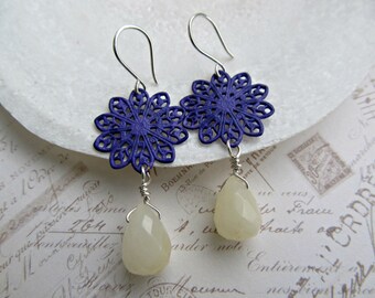 Purple Hand Painted Filigrees with Lemon Quartz Faceted Teardrops earrings, Purple and Yellow earrings