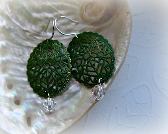 Hand painted green filigree and crystal earrings