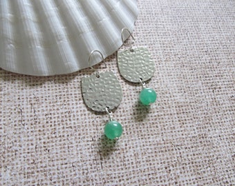 Hammered Geometric Silver and Green Chalcedony earrings, Sterling Silver earrings, Half Moon earrings