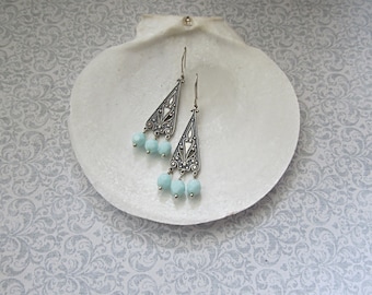 Antique Silver chandelier earrings, Aqua chandelier earrings, Art Nouveau earrings