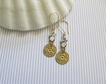 White Opal and AB Crystal Petite earrings, Embossed Flower earrings