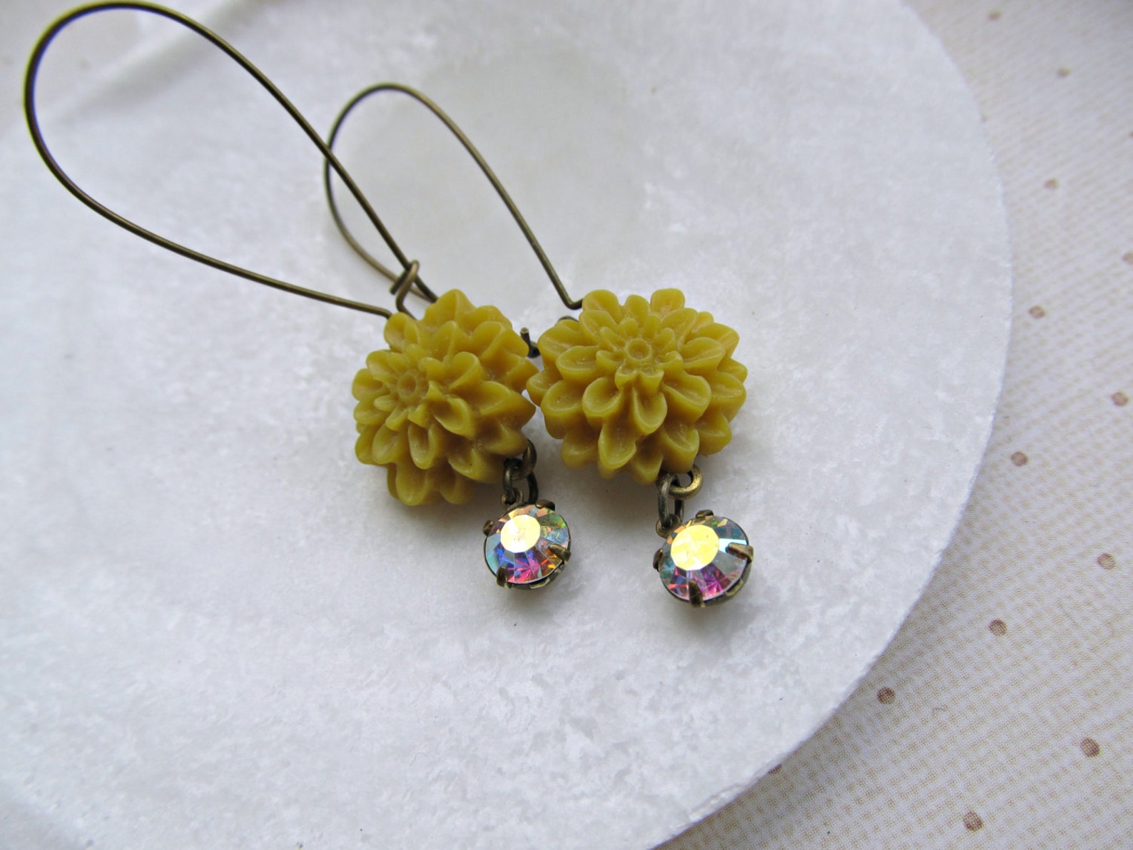 Mustard Yellow Chrysanthemum Earrings, Rainbow Crystal Earrings, Fall